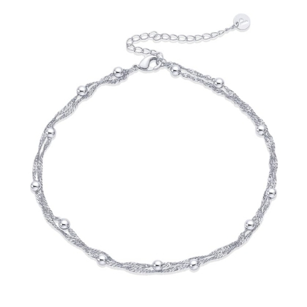 14K Gold Plated Charm Link Chain Beaded Adjustable Anklet In White Gold